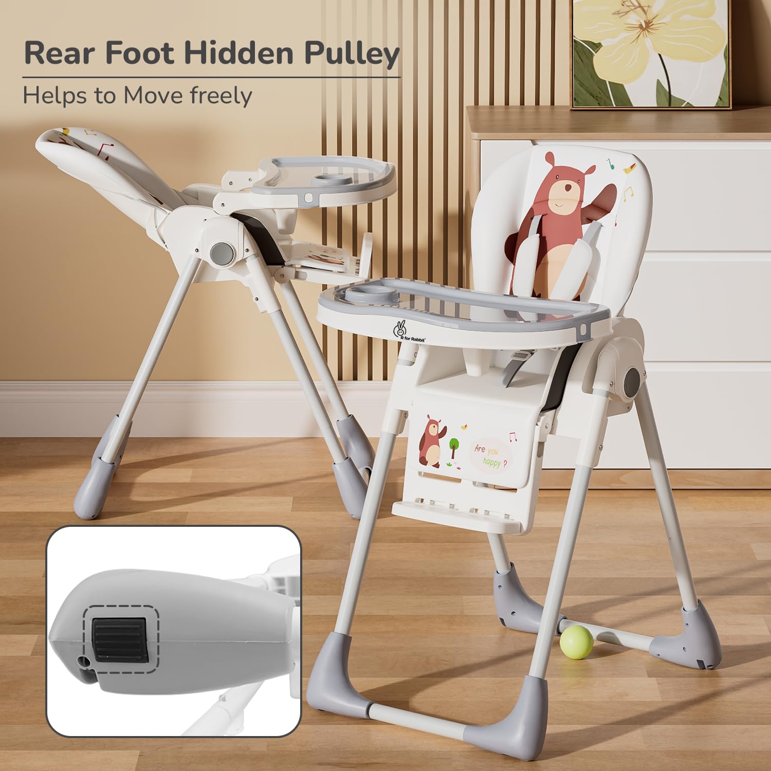 White and grey Marshmallow Lite baby high chair with 6 adjustable height levels, comfortable and secure for infant feeding, featuring a playful bear motif. www.usmile.toys